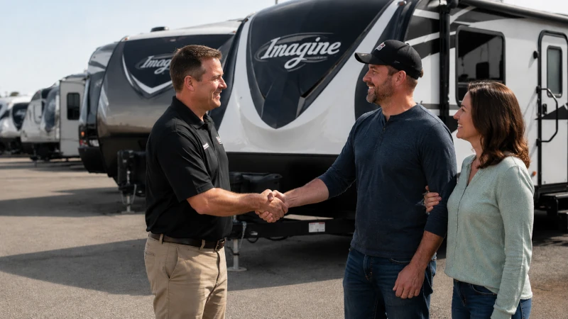 Independent RV dealer shaking hands with a buyer — RV Dealz blog on local dealers vs national chains