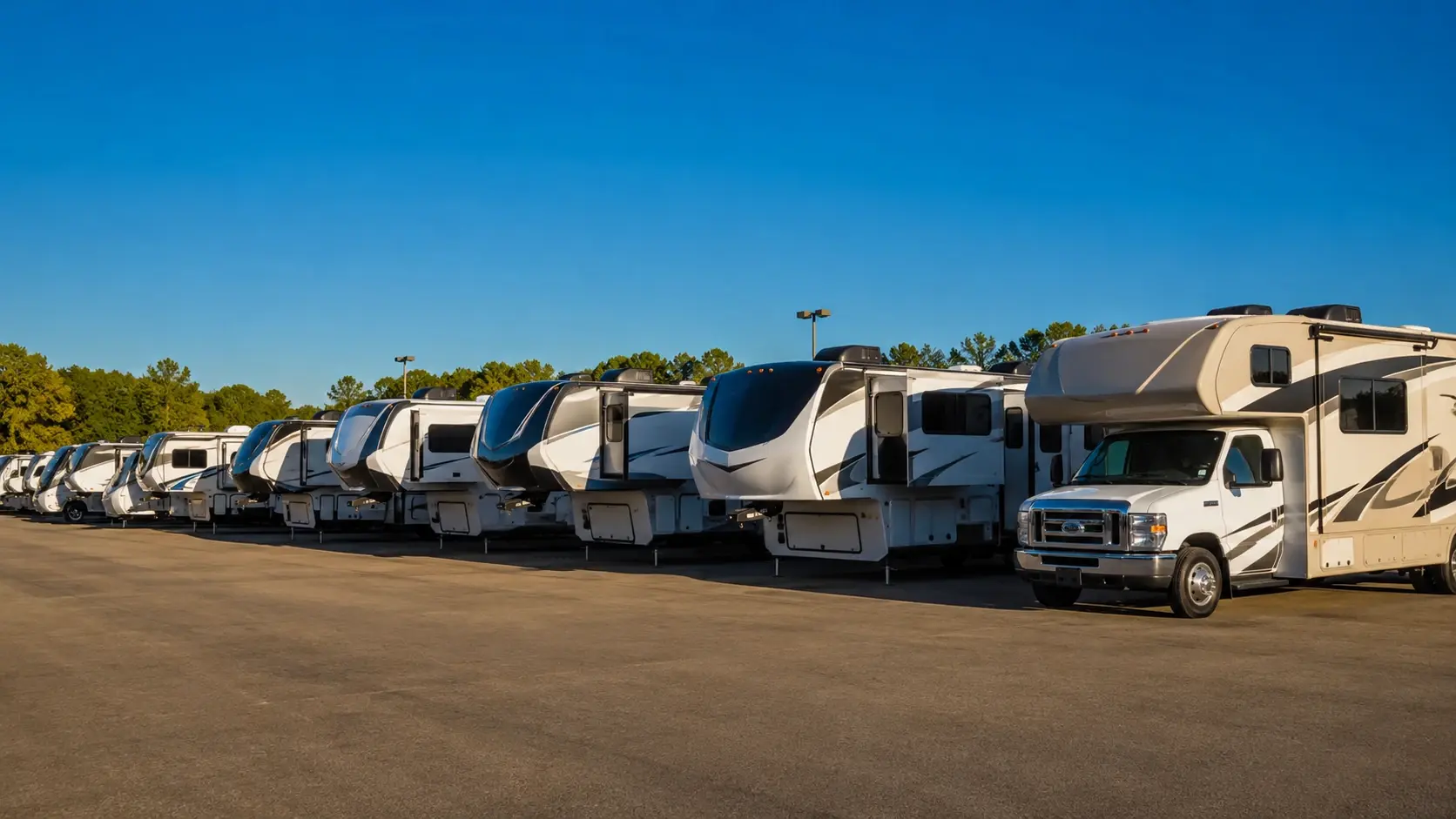 Row of new travel trailers, fifth wheels, and motorhomes on an independent RV dealer lot — RV Dealz, nationwide lowest-price RV matching