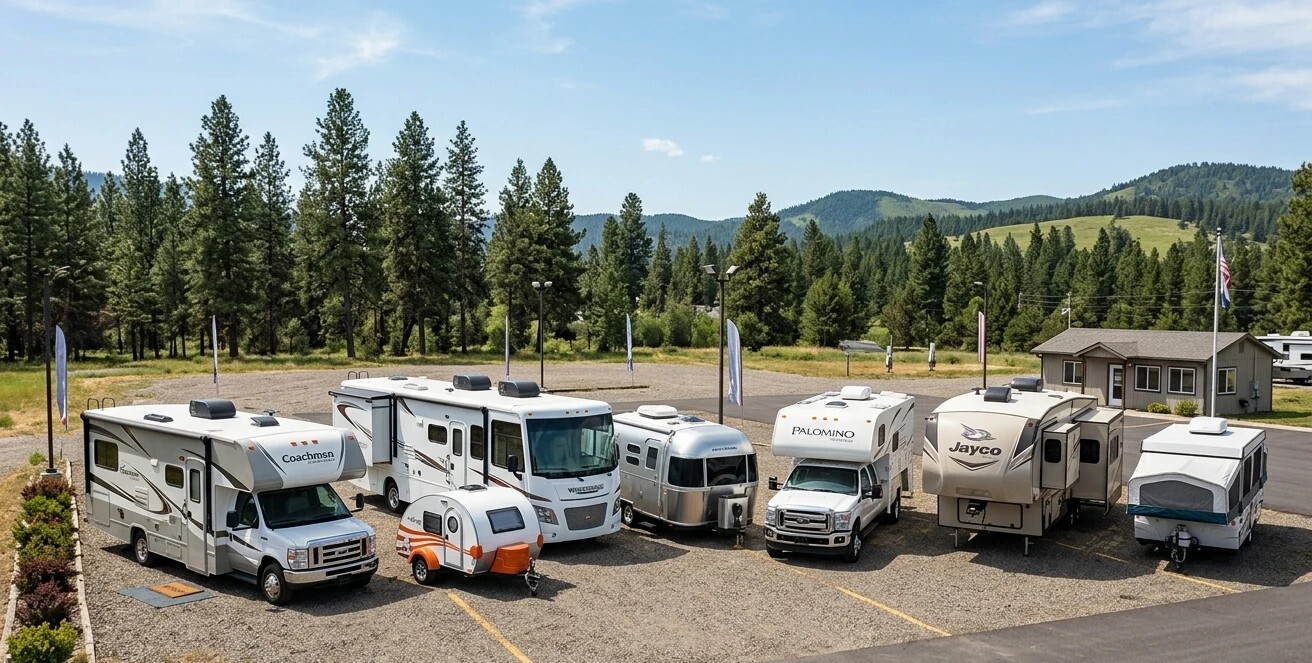 Lineup of mixed RV types on a dealer lot — RV Dealz helps you compare and get the lowest price