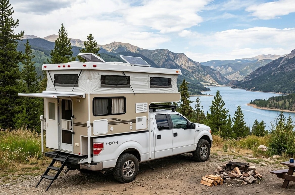 Pop-up camper set up at a campsite — RV Dealz pop-up and truck camper dealer pricing