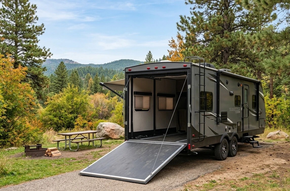 Toy hauler RV with rear ramp door open — RV Dealz toy hauler lowest price dealers